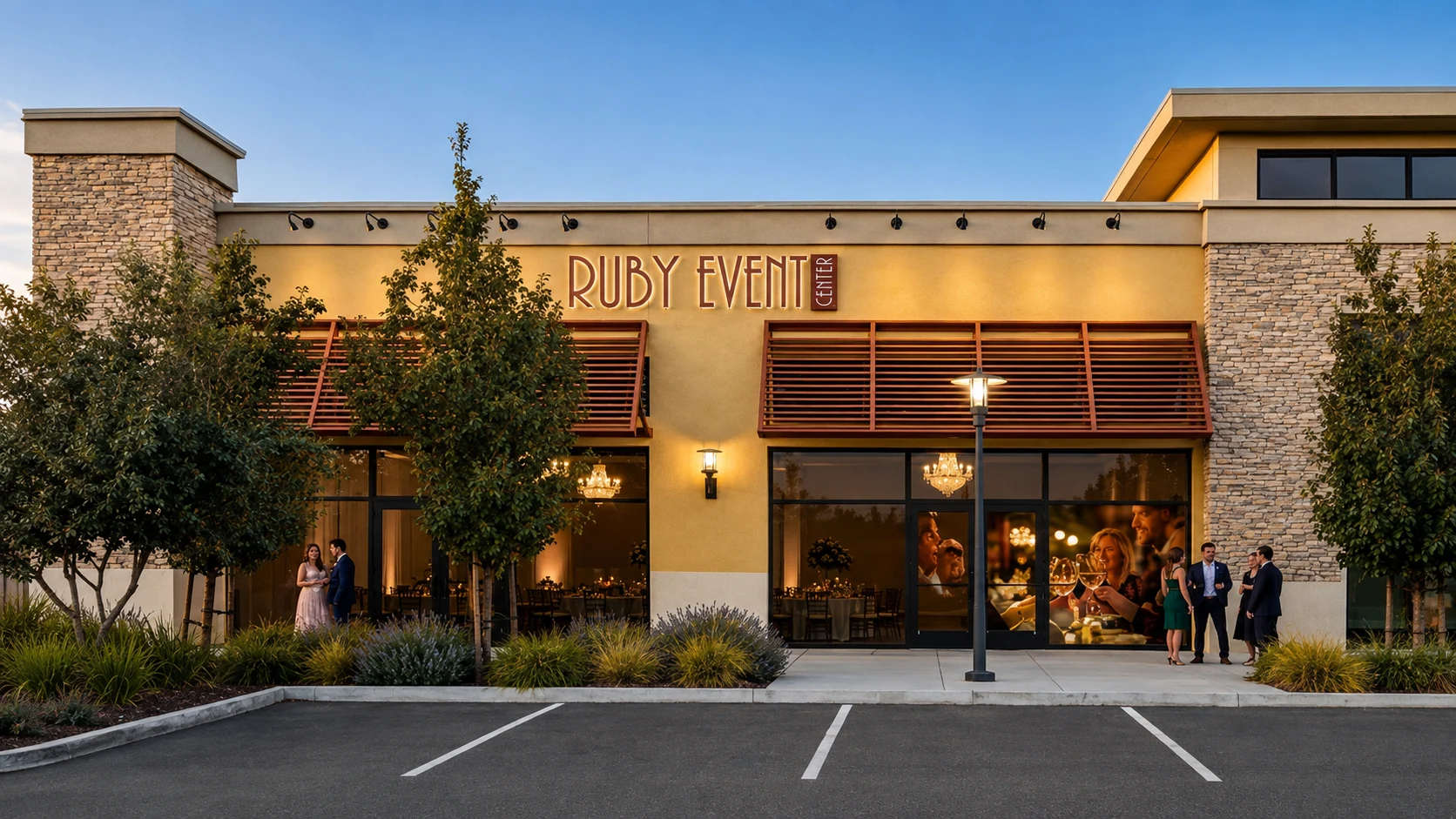 Ruby Event Center exterior at sunset